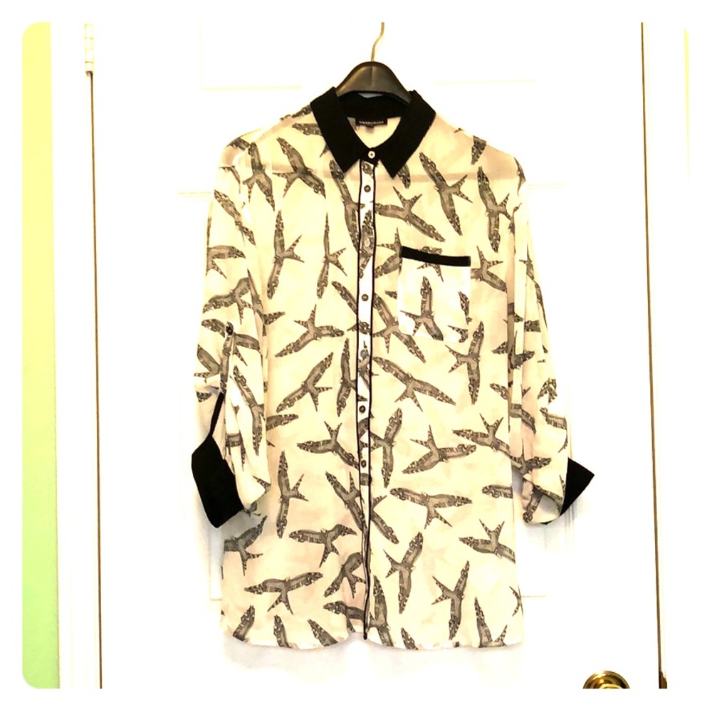Worn Once Sheer Bird Patterned Blouse